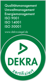 Dekra Logo mit den Zertifizierungen ISO 9001/EN 9100, ISO 14001, ISO 50001